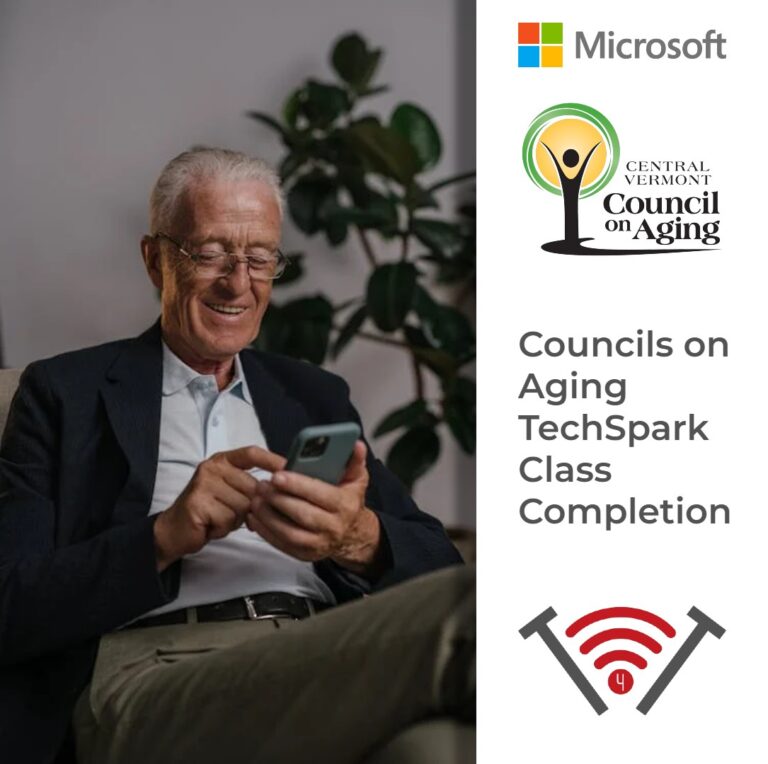 A marketing image of an old man labeled, "Councils on Aging TechSpark Completion" with logos of Technology for Tomorrow, Microsoft, and Central Vermont's Council on Aging