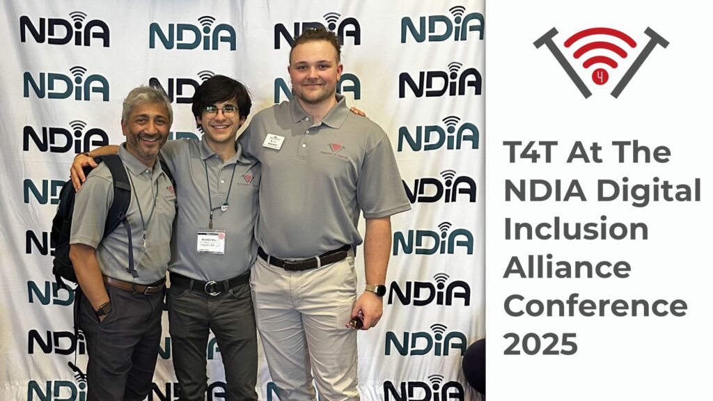 Vijay, Technology for Tomorrow's Executive Director, stands alongside Wolde and Damien, two program managers at Technology for Tomorrow, in front of a National Digital Inclusion Alliance backdrop. To the right, it reads, "T4T At the NDIA Digital Inclusion Alliance Conference 2025"