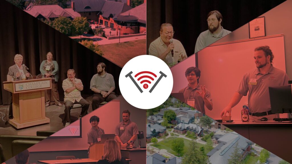 Six images split from the center with Technology for Tomorrow's logo in the center. The images feature Champlain College Campus, Wolde and Damien teaching a lecture, and Maliki on a panel of individuals with others.