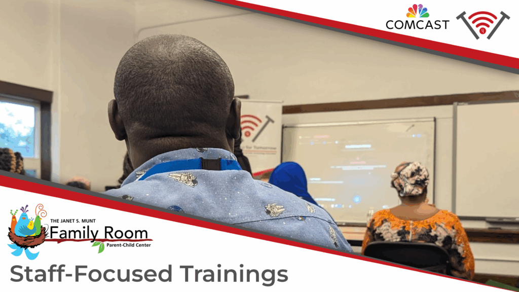An image of a language interpreter helping with a T4T class featuring Technology for Tomorrow, Comcast, and Janet S. Munt's Family Room Logos