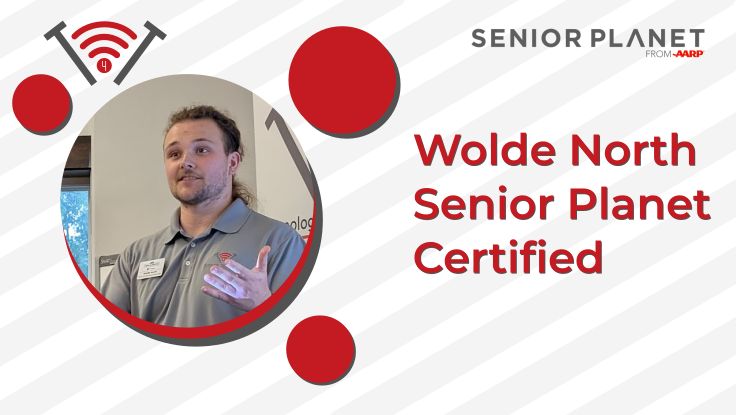 Image of Wolde North in a circle with three dots featuring Senior Planet and Technology for Tomorrow's Logos, Caption: "Wolde North Senior Planet Certified"