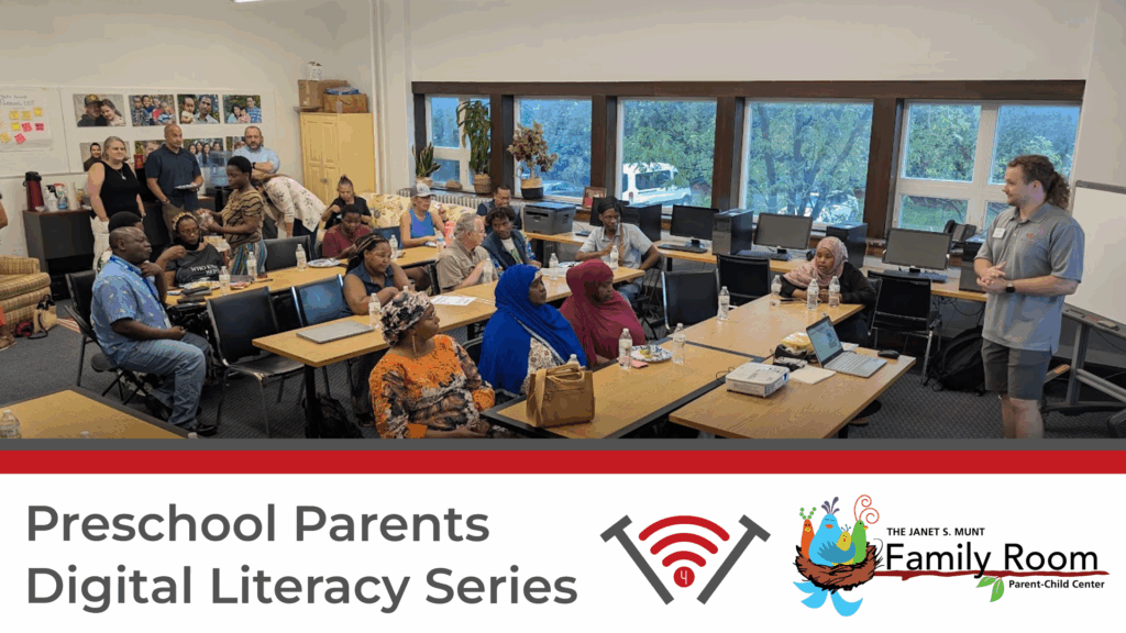 A class being taught by Wolde North featuring Technology for Tomorrow and Janet S. Munt's Family Room's Logos, with the caption "Preschool Parents Digital Literacy Series"
