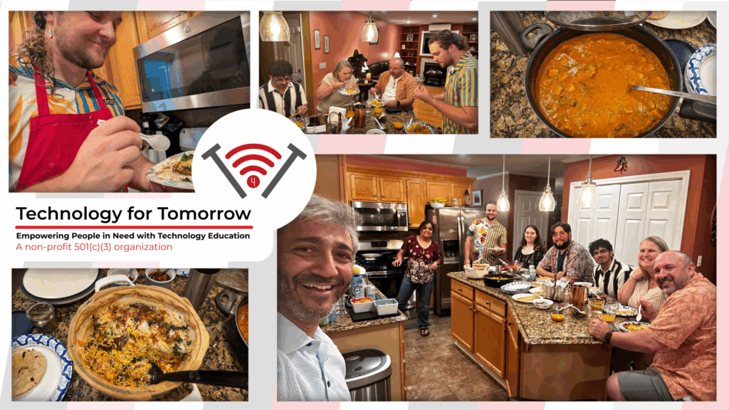 Collage of cooking photos with Technology for Tomorrow's Logo. Features T4T staff and board cooking Indian dishes together.