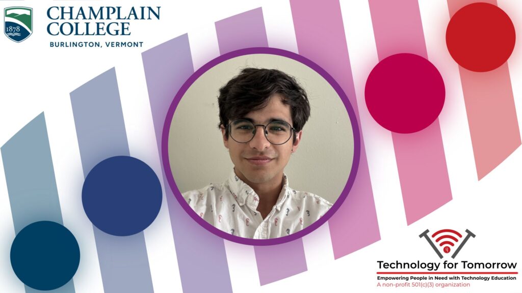 Damien Royer, Technology Trainer, is in the center with dots of colors representing Champlain and Technology for Tomorrow joining together on Damien's photo.