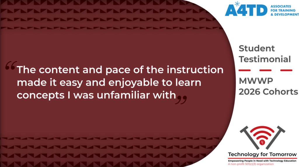 A testimonial from an Associates for Training and Development learners which reads "The content and pace of the instruction made it easy and enjoyable to learn concepts I was unfamiliar with."