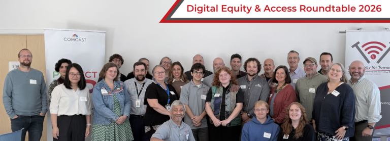 Representatives from Vermont Nonprofit organizations take a large group photo in celebration of the 2026 Digital Equity and Access Roundtable event hosted at the South Burlington Public Library by Technology for Tomorrow